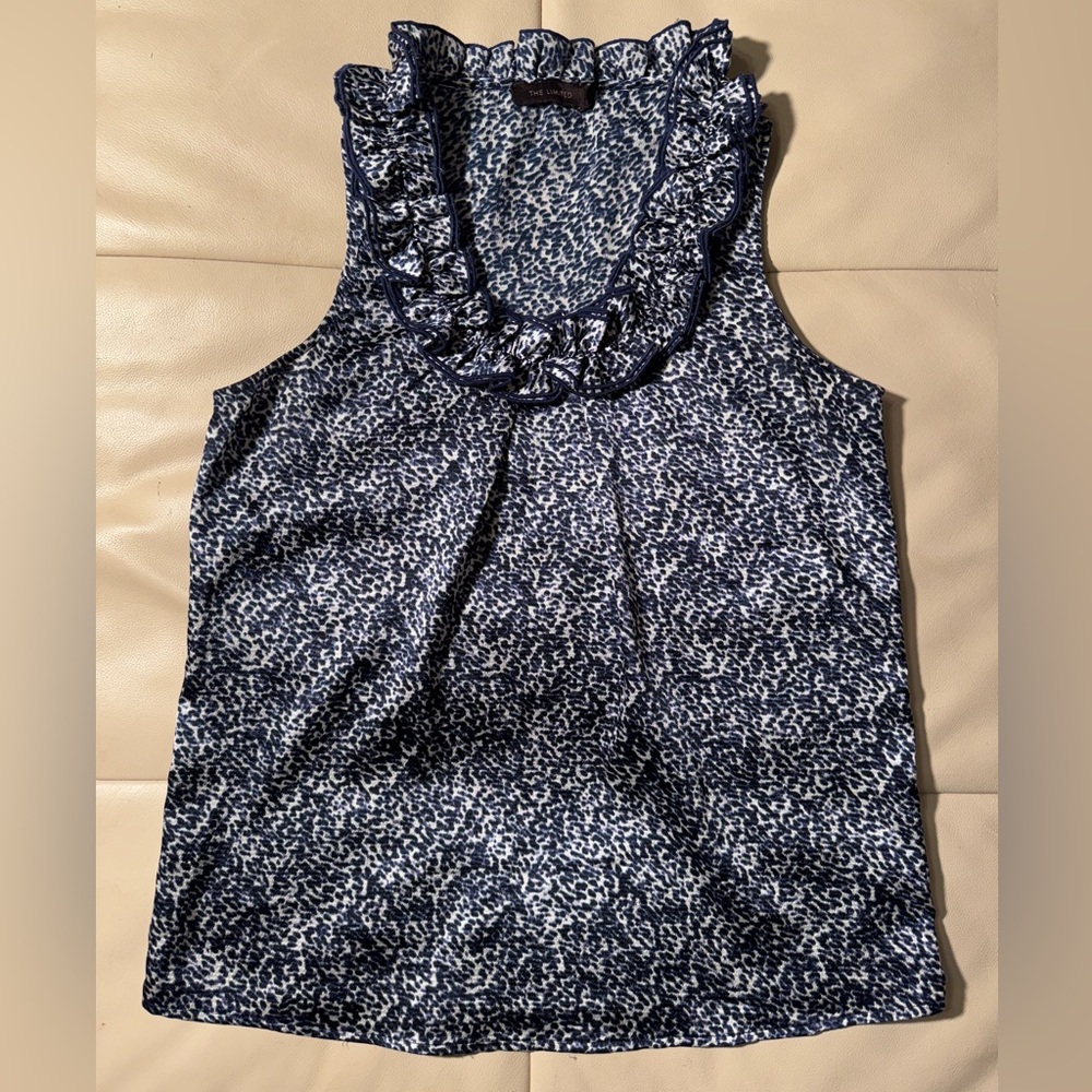 The Limited Navy and Silver Ruffled Sleeveless Summer Top